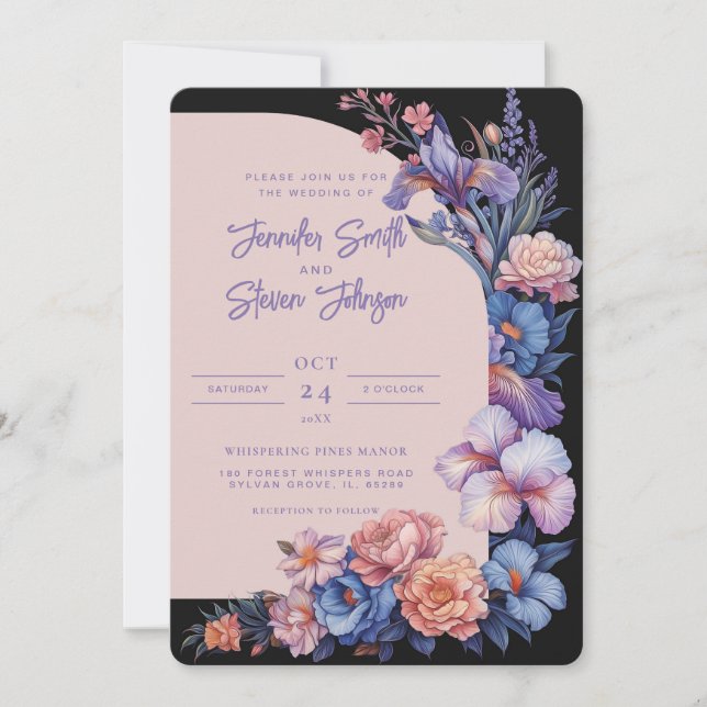 Invitación Boda del arco botánico Iris rosa y azul (Anverso)