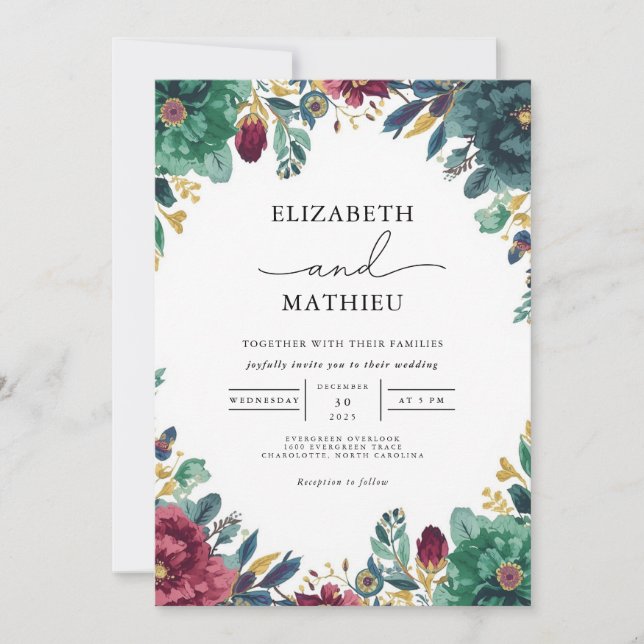Invitación Boda del arco botánico Verde azulado profundo (Anverso)