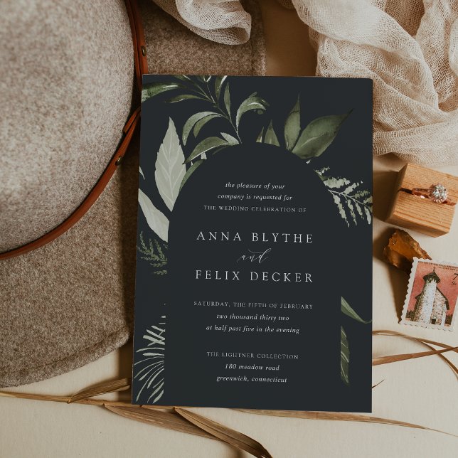 Invitación Boda del Arco Botánico Verde de Winter Meadow (Dark moody botanical wedding invitations)