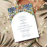 Invitación Boda del Arco de Azulejos Colorido Mexicano<br><div class="desc">Baldosas coloridas mexicanas con portapapeles diseño de portapapeles invitaciones de boda. Personalizar con los detalles de su boda,  vuelve a coordinar azul en la parte posterior.</div>