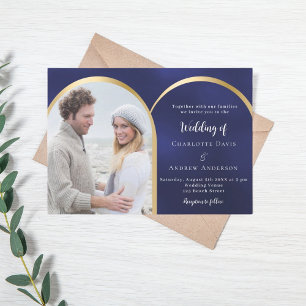 Invitación Boda del arco de la foto del oro azul marino