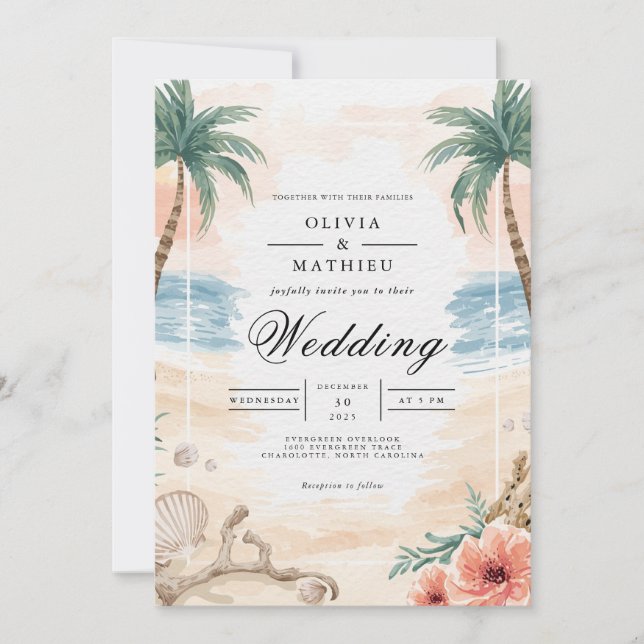 Invitación Boda del arco de la palma costera (Anverso)