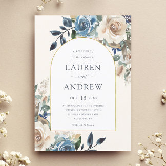 Invitación Boda del Arco de Oro Floral de Marfil Azul de Mari