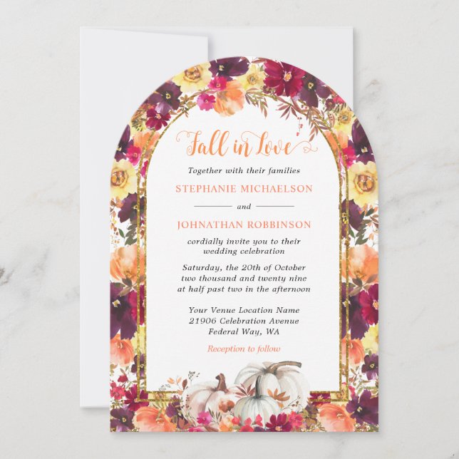 Invitación Boda del Arco de Oro Floral Otoño en otoño (Anverso)