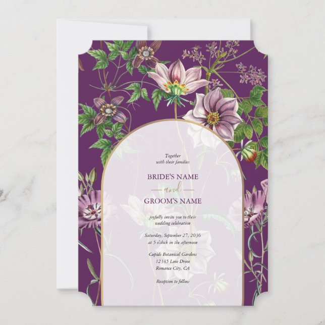 Invitación Boda del Arco de Oro Purple Floral Greenery (Anverso)