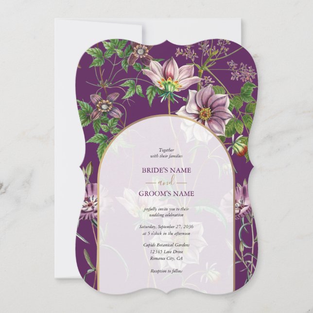 Invitación Boda del Arco de Oro Purple Floral Greenery (Anverso)