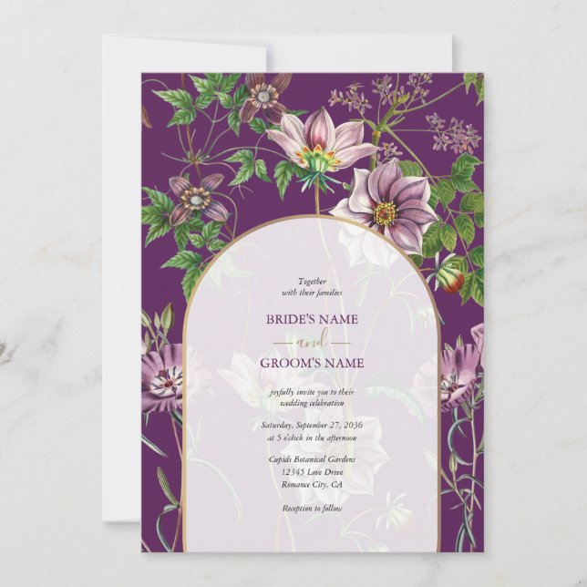 Invitación Boda del Arco de Oro Purple Floral Greenery (Anverso)