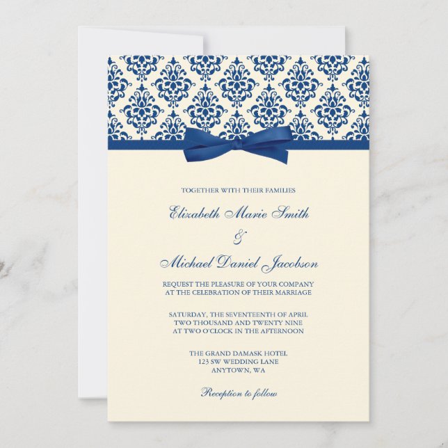 Invitación Boda del arco del damasco de los azules marinos y (Anverso)