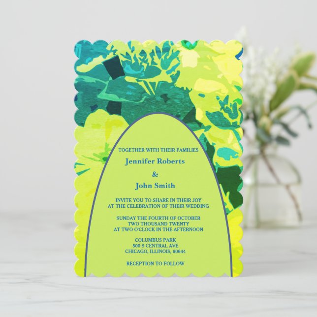 Invitación Boda del Arco del Jardín Azul Verde Amarillo (Anverso de pie)
