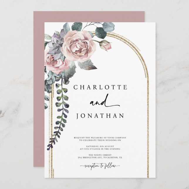 Invitación Boda del Arco Dorado y Rosa Polvoriento (Anverso / Reverso)