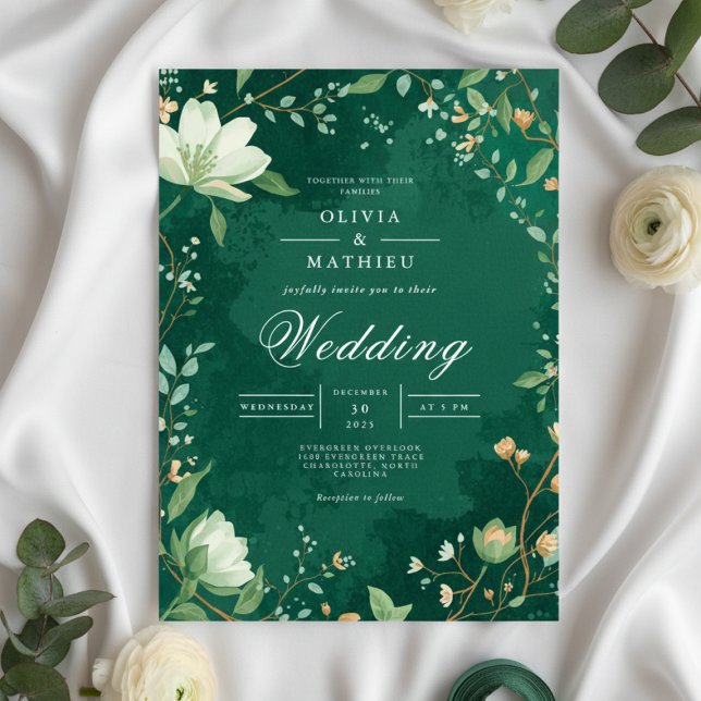 Invitación Boda del arco floral botánico verde profundo (Subido por el creador)