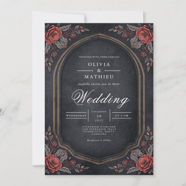 Invitación Boda del Arco Floral de Moody Crimson (Anverso)