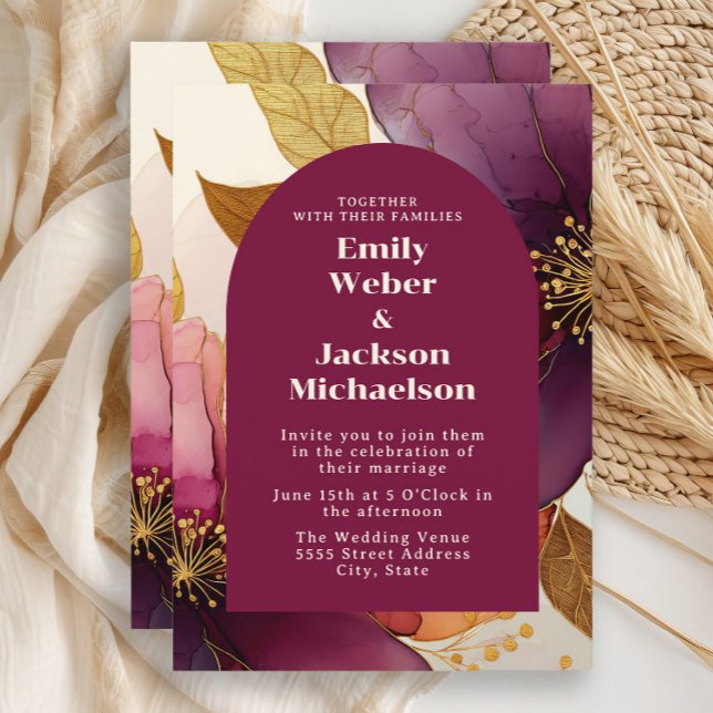 Invitación Boda del Arco Floral de Plum Gold en negrita (Plum, burgundy, gold  floral arch-shaped wedding invitation)