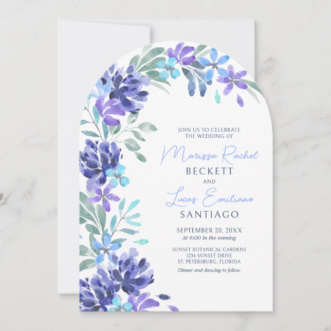 Invitación Boda del arco floral tropical azul (Anverso)