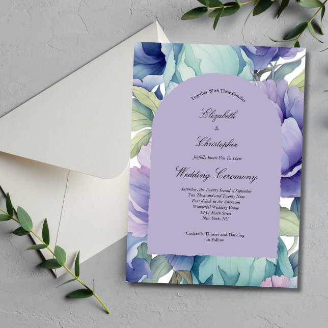 Invitación Boda del arco floral verde morado (Purple blue green pastel watercolor florals elegant arch wedding invitation. Printed or Digital)