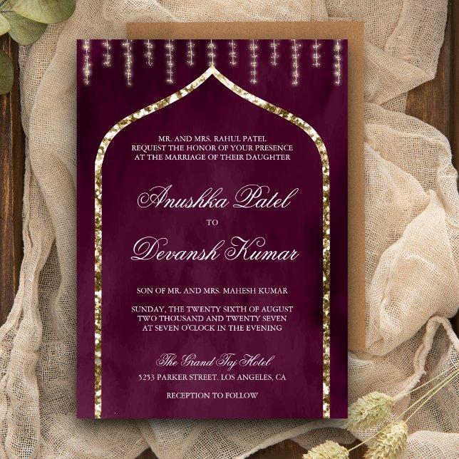 Invitación Boda del Arco Indio de Pluma Purple Gold (Subido por el creador)