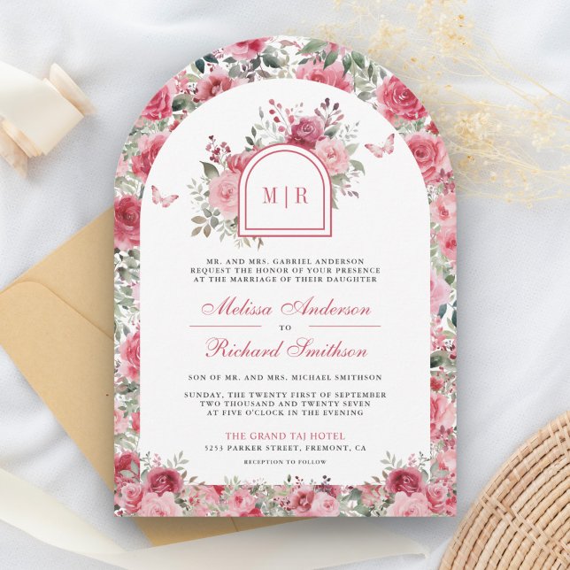 Invitación Boda del arco mariposa de las rosas rojas de San V (Subido por el creador)
