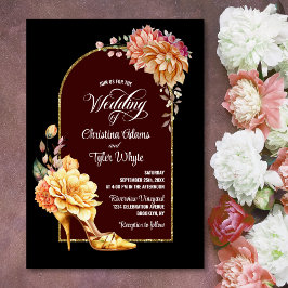 Invitación Boda del arco negro de tacón alto con floral dorad