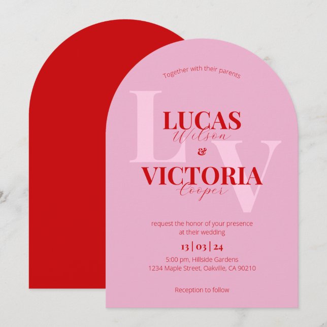 Invitación Boda del Arco Rojo Brillante, Rosa y Negrita (Anverso / Reverso)