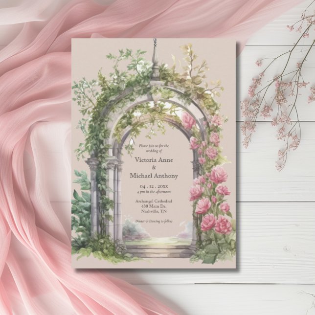 Invitación Boda del Arco Verde de los Peonies Rosados (Subido por el creador)