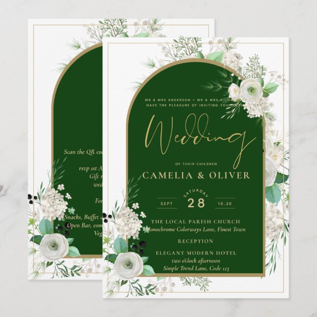 Invitación Boda del Arco Verde Esmeralda de Rosas Blancas (Anverso / Reverso)