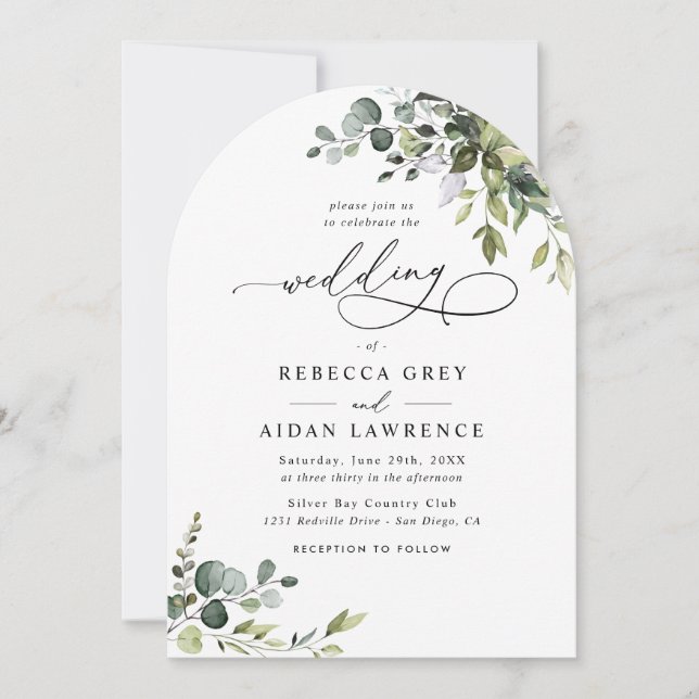 Invitación Boda del Arco Verde Eucalipto Azul Dusto (Anverso)