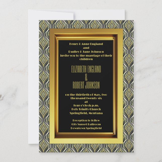 Invitación Boda del Art Decó de Esmeralda y Oro (Anverso)