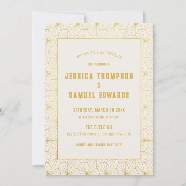 Invitación Boda del Art Deco del Oro y el Blanco Geométrico (Anverso)