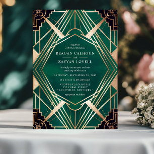 Invitación Boda del Art Decó del verde esmeralda y del oro