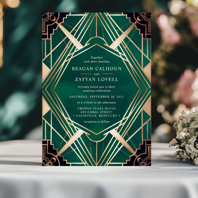 Invitación Boda del Art Decó del verde esmeralda y del oro (Subido por el creador)