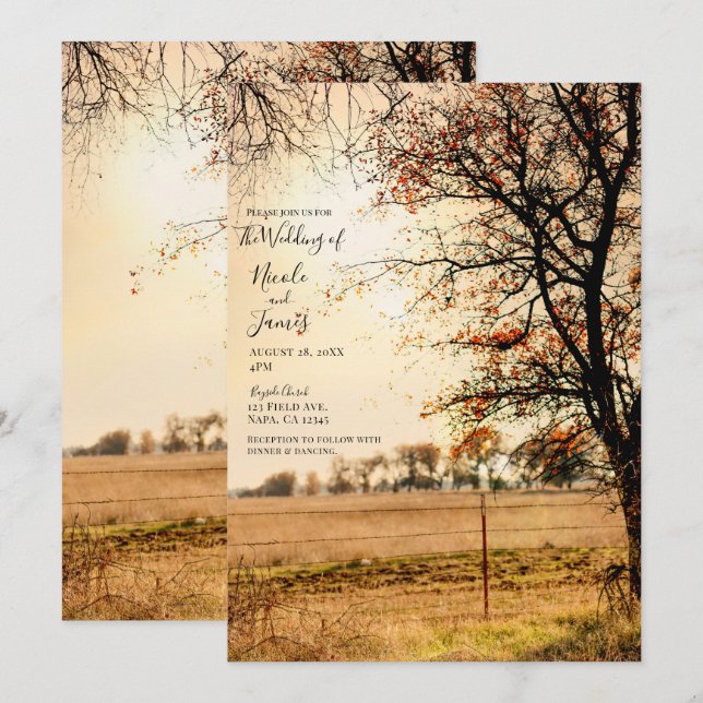 Invitación Boda del atardecer de otoño en Rustic Field Gold (Anverso / Reverso)