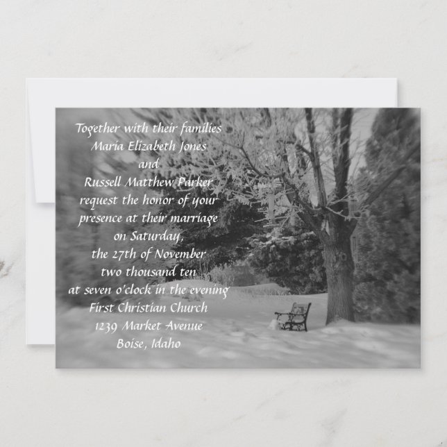 Invitación Boda del banco de invierno blanco y negro (Anverso)