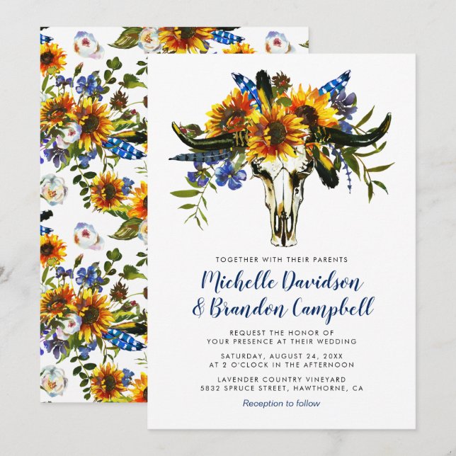 Invitación Boda del Boho Blue Sunflower de la Marina Rusa (Anverso / Reverso)