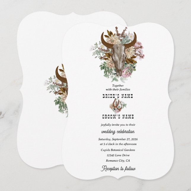 Invitación Boda del Boho Boho Cow Skull del País Occidental (Anverso / Reverso)