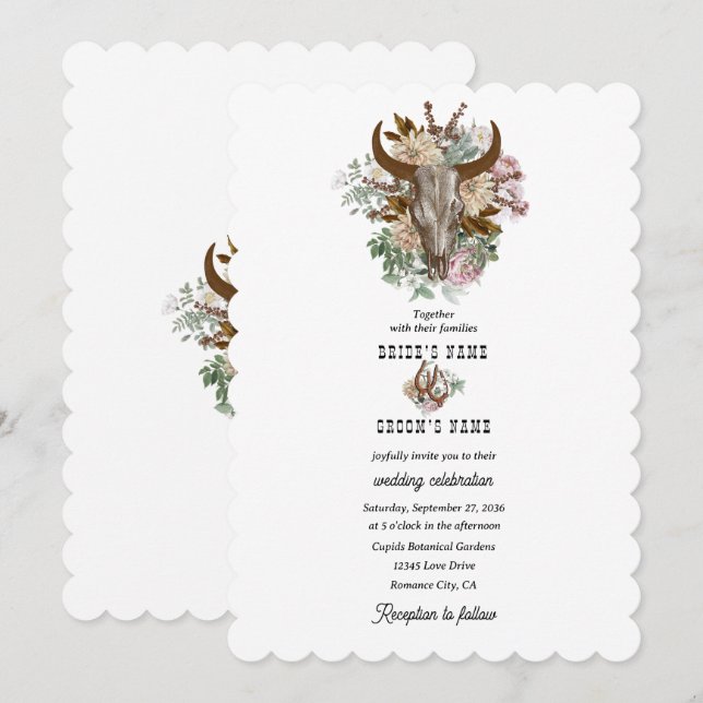 Invitación Boda del Boho Boho Cow Skull del País Occidental (Anverso / Reverso)