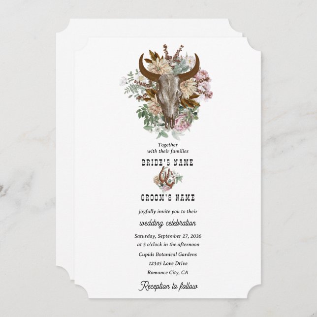 Invitación Boda del Boho Boho Cow Skull del País Occidental (Anverso / Reverso)