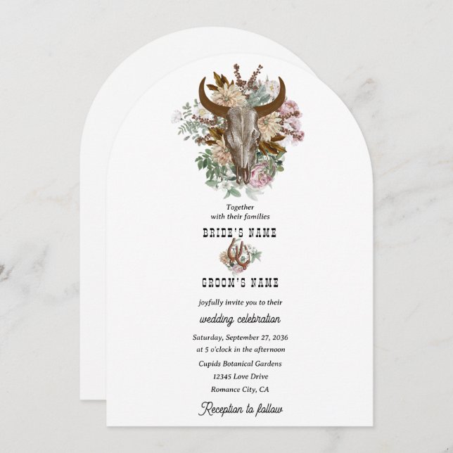 Invitación Boda del Boho Boho Cow Skull del País Occidental (Anverso / Reverso)