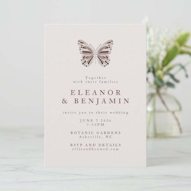 Invitación Boda del Boho Butterfly Borgoña Taupe moderno (Anverso de pie)