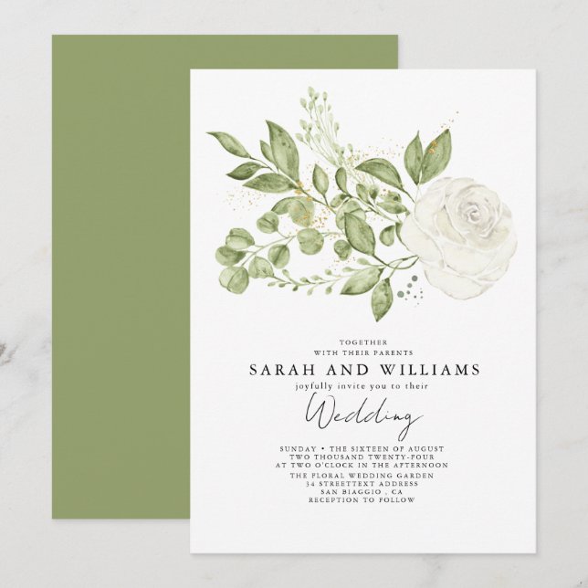 Invitación Boda del Boho de Floral Blanca Verde Sage (Anverso / Reverso)