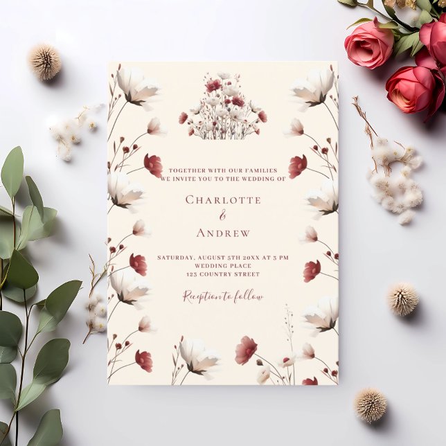 Invitación Boda del boho de la crema de borgoña (Subido por el creador)