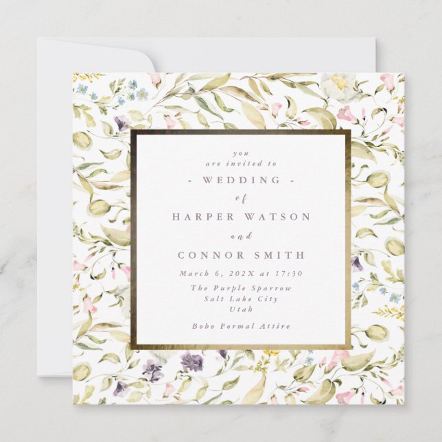 Invitación Boda del Boho de la primavera del marco dorado de  (Anverso)