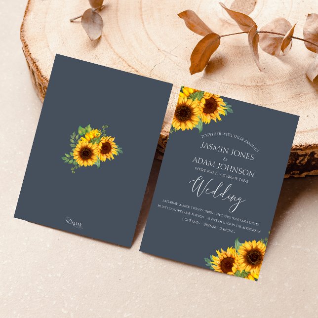 Invitación Boda del Boho del Girasol Azul de la Marina (Rustic Yellow and Navy Blue Sunflower Boho Wedding Invitation)