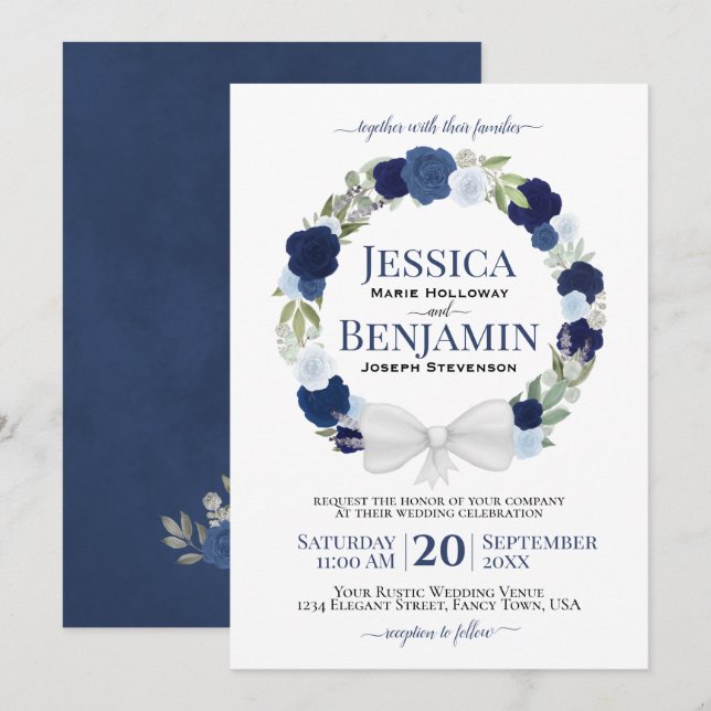 Invitación Boda del Boho elegante de la floral azul rústica (Anverso / Reverso)