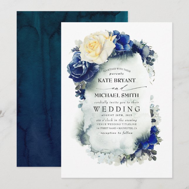 Invitación Boda del Boho floral amarillo azul marino y rosa a (Anverso / Reverso)