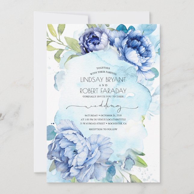 Invitación Boda del Boho floral azul azul turbio y naval (Anverso)
