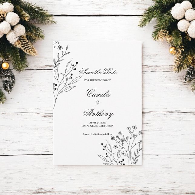 Invitación Boda del Boho floral de la esquina blanca y negra (Subido por el creador)