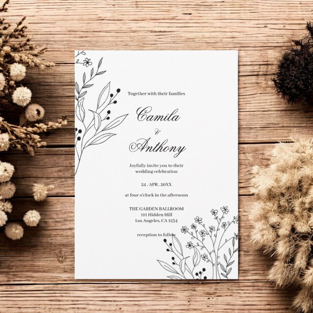 Invitación Boda del Boho floral de la esquina blanca y negra (Subido por el creador)