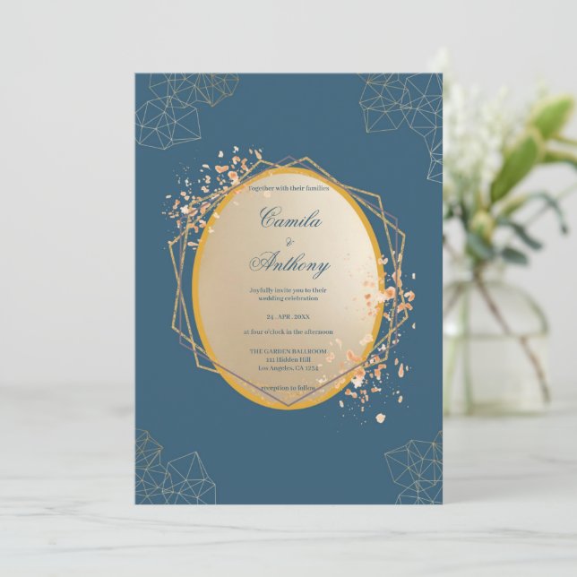 Invitación Boda del Boho floral de la Marina Gold Oval (Anverso de pie)