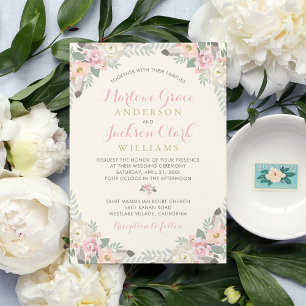 Invitación Boda del Boho floral marfileña rosa y dorada