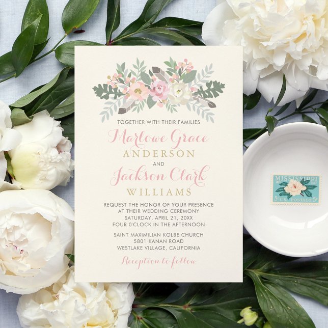 Invitación Boda del Boho floral marfileña rosa y dorada (Subido por el creador)